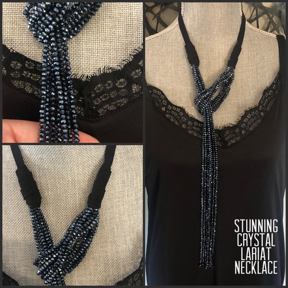Black/Gunmetal Crystal W/Black Suede Lariat Statement Necklace-Boutique - Picture 2 of 8